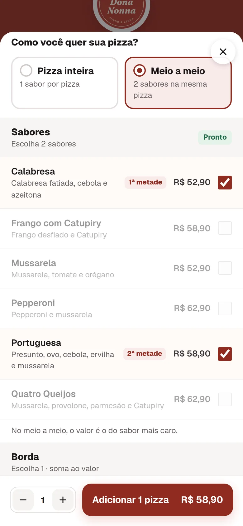 Montagem de pizza meio a meio