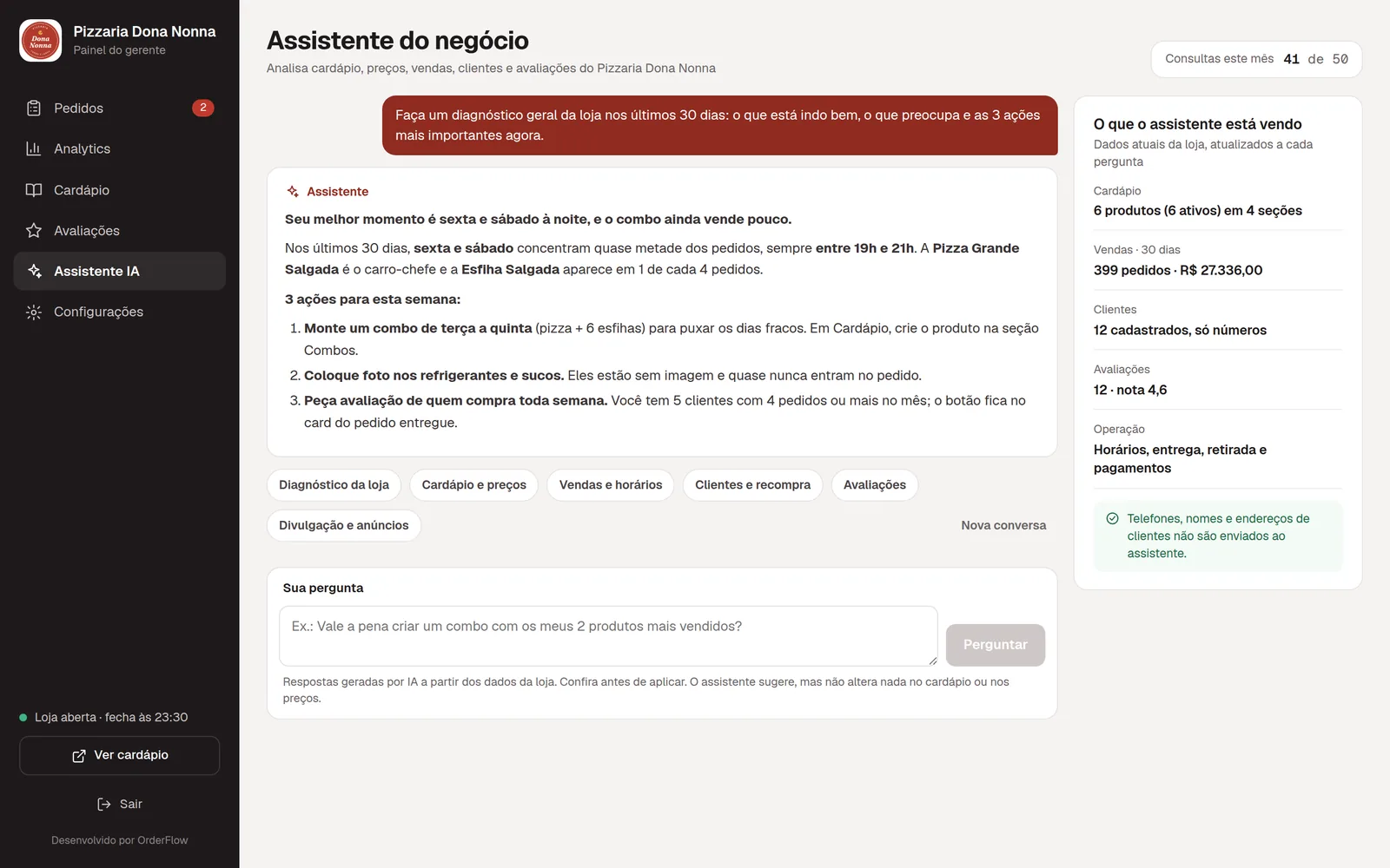 Assistente com IA do OrderFlow respondendo perguntas sobre o negócio