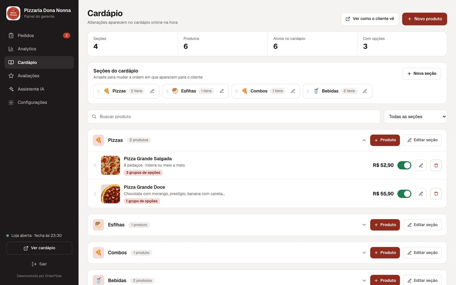 Editor de cardápio do OrderFlow